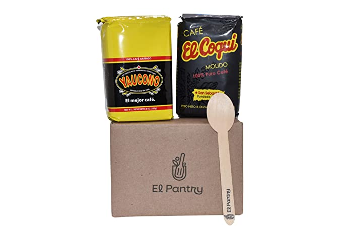 El Pantry Puerto Rican Coffee Bundle - Includes 1 Cafe Yaucono 8oz, 1 Cafe El Coqui 8 oz and 1 El Pantry Wooden Spoon