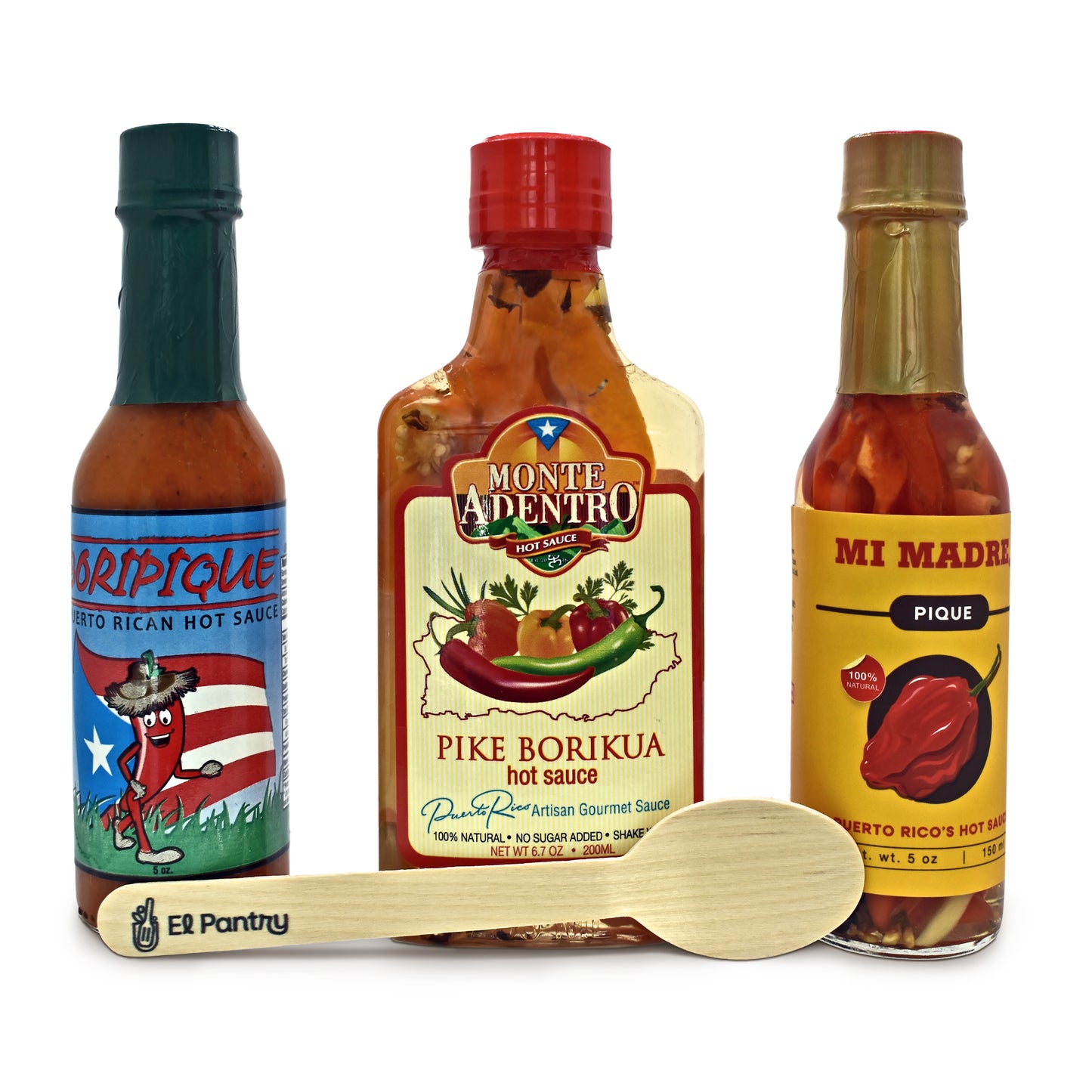 Puerto Rico Hot Sauce Gift Set - Includes Monte Adentro Pique, Mi Madre Pique and Boripique (Pack of 3) - Includes El Pantry Wooden Spoon