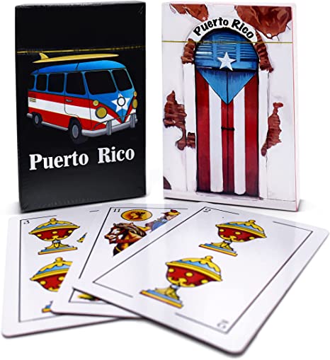 El Pantry Puerto Rico Spanish Playing Cards Briscas Bundle - 1 Puerto Rico Surfer Briscas Card - 1 Old San Juan Puerto Rico Flag Door Briscas Card